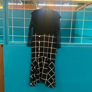 Asymmetrical Black & White Grid Midi Dress - Elegant Evening Style